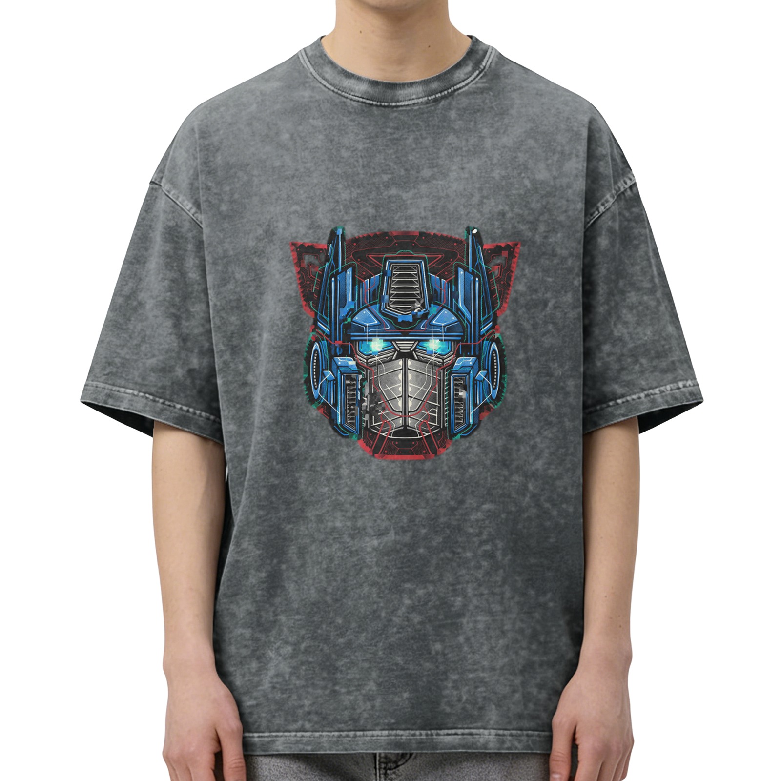 Washed Black T-Shirt With Robot Head Graphic Print