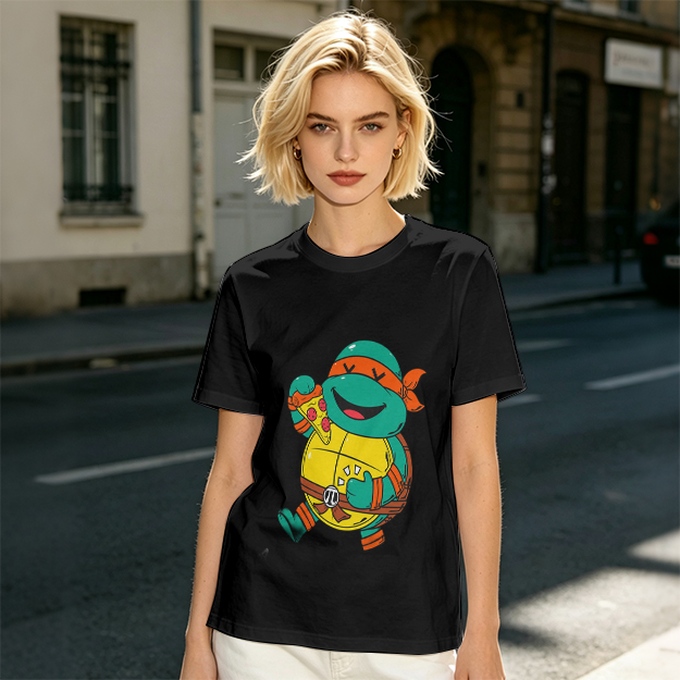 Olive T-shirt with cartoon ninja turtle holding pizza graphic