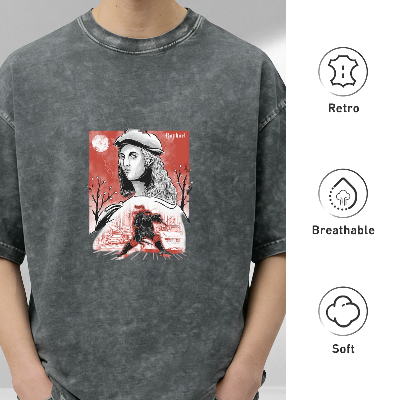 Oversized dark washed t-shirt with Renaissance artist and ninja turtle graphic