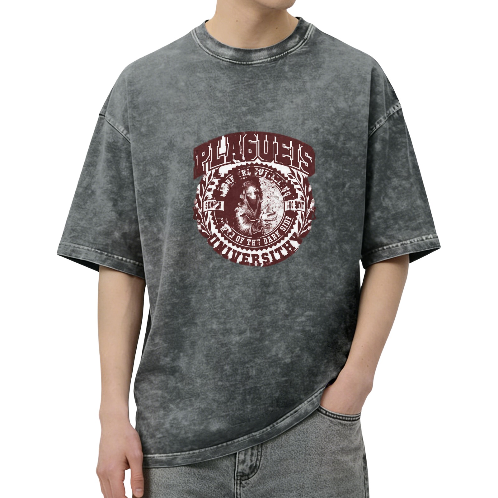 Washed black graphic t-shirt with plague doctor university emblem design