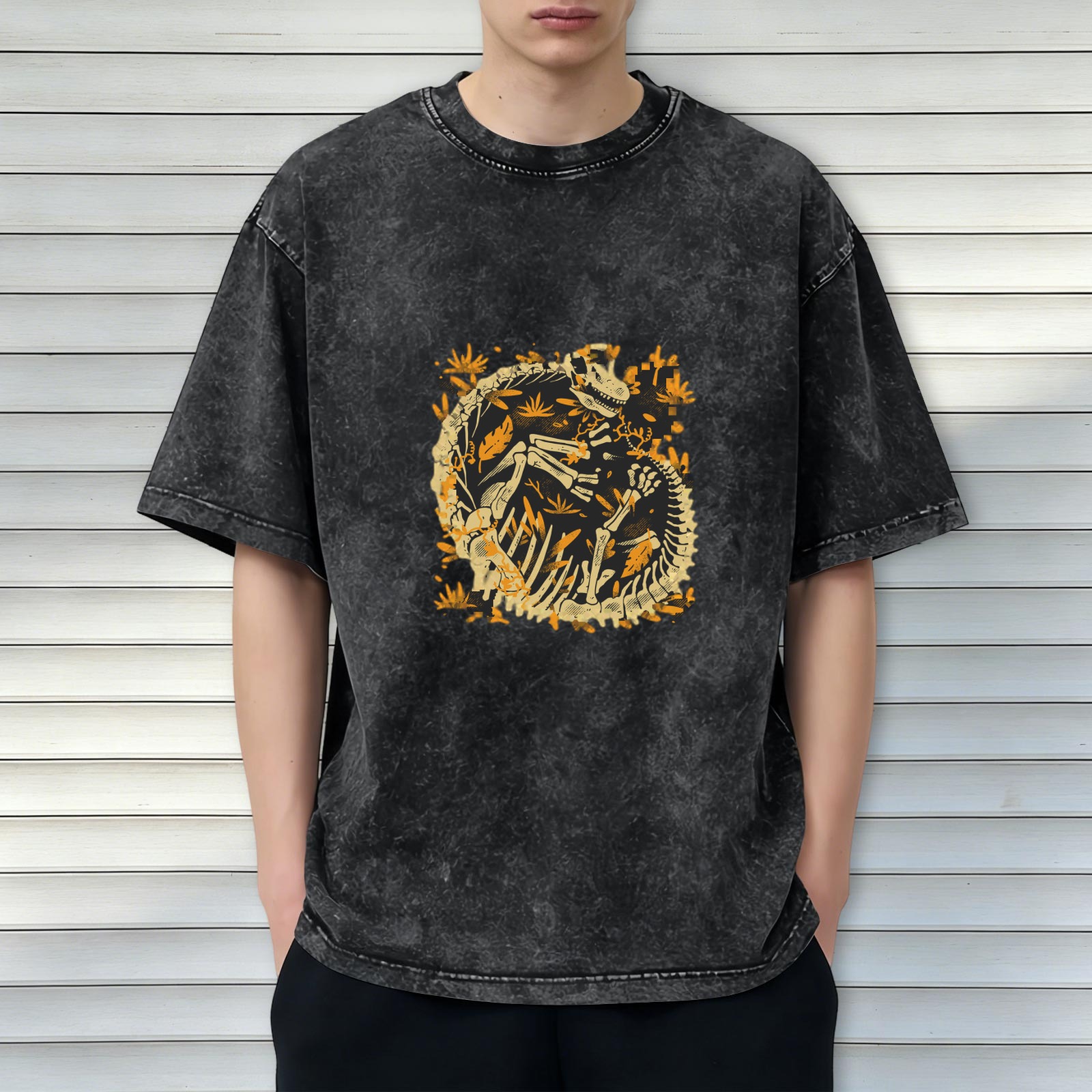 Oversized Acid Wash T-Shirt with Dinosaur Skeleton Fossil Print