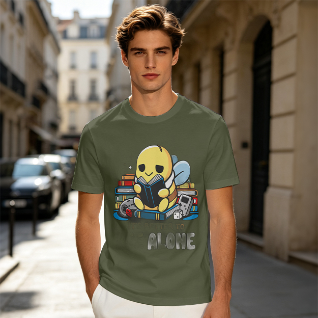 Olive t-shirt with cute bee reading book and 'ALONE' text print