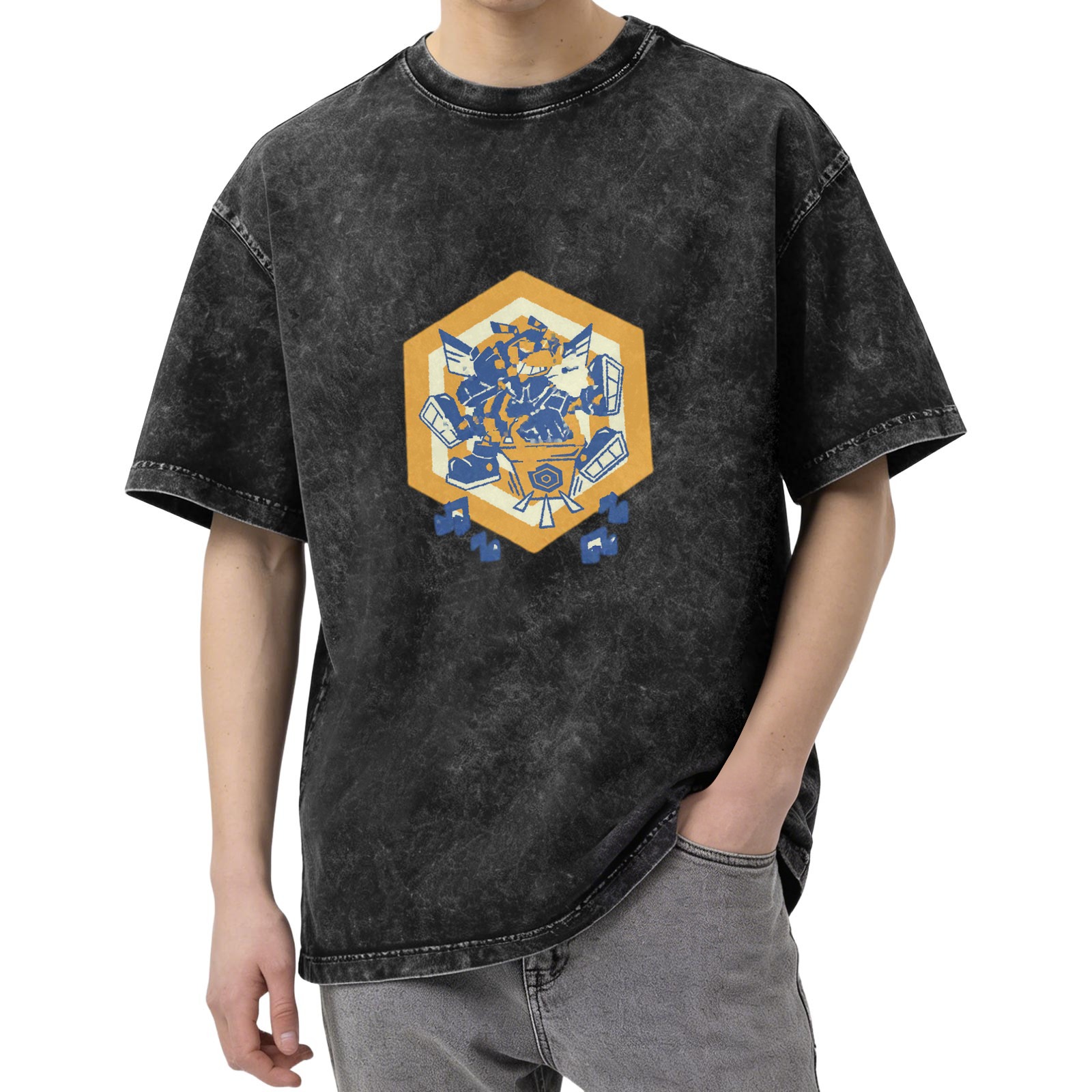 Oversized Acid Wash T-Shirt With Hexagon Robot Graphic Print