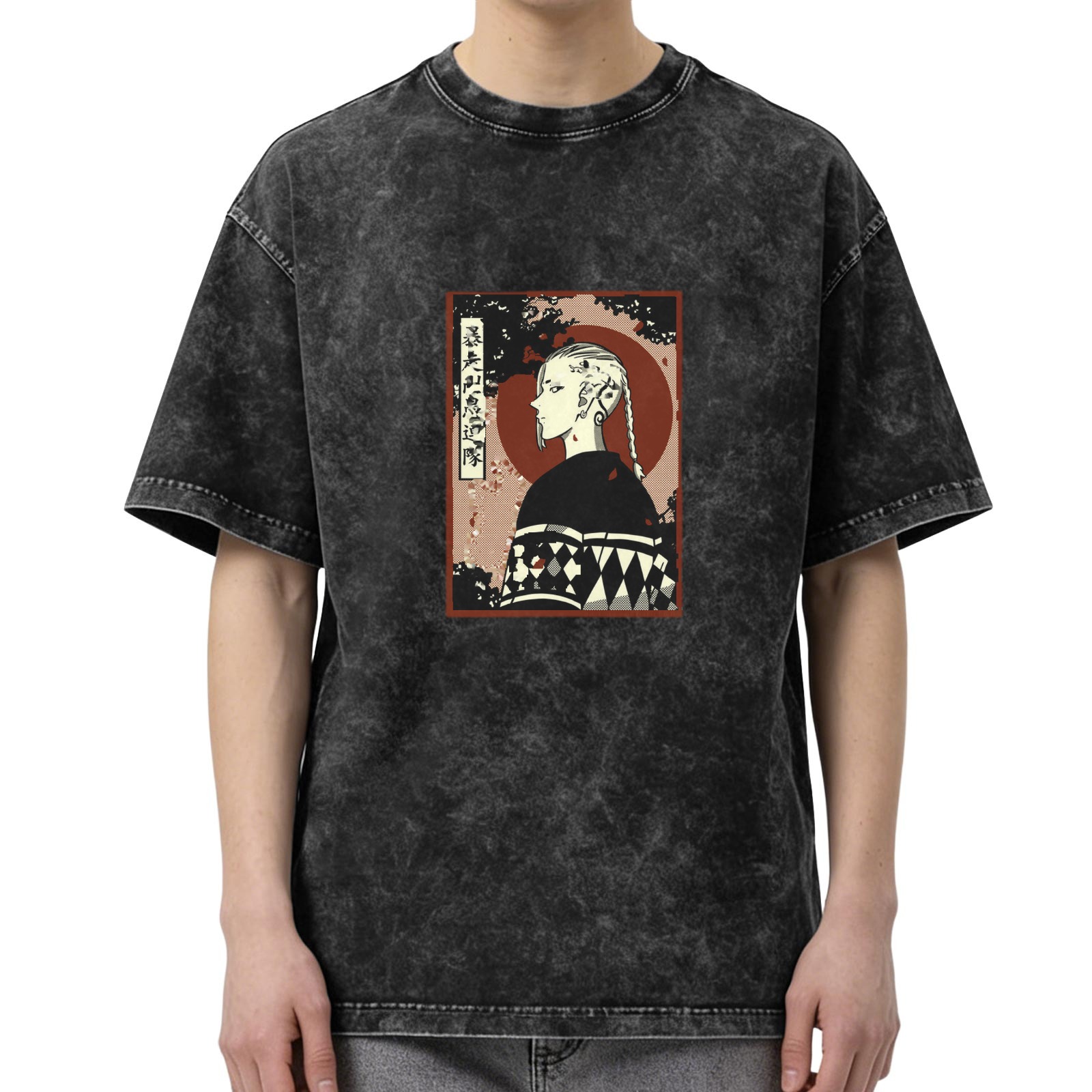 Retro washed black anime character printed short-sleeved T-shirt Street style loose shoulder top
