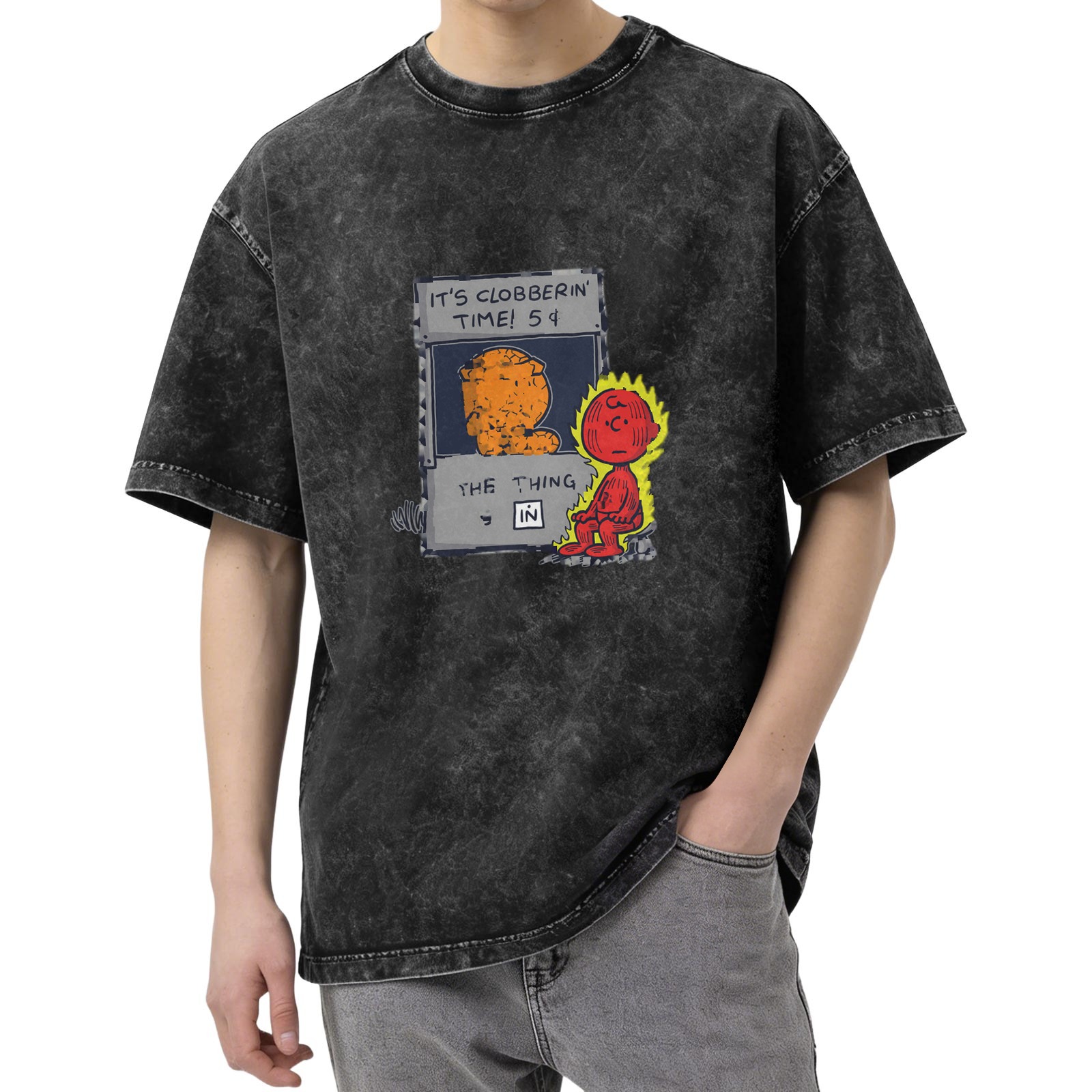 Vintage Acid Wash T-Shirt With It's Clobberin' Time Comic Print