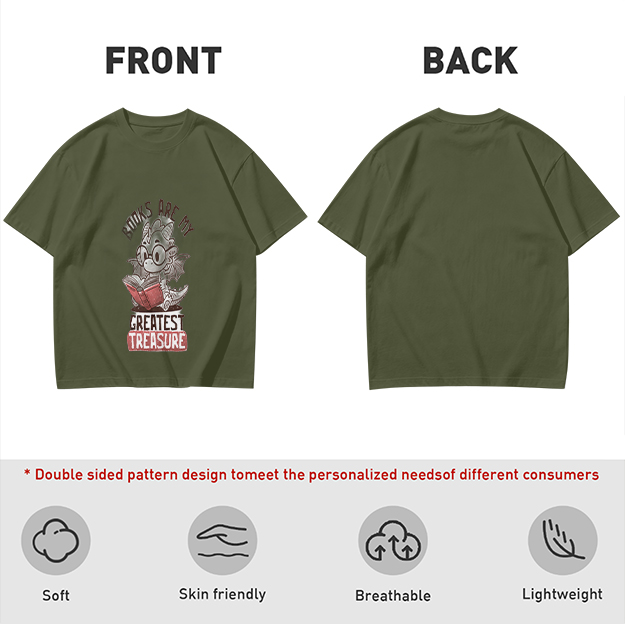 Olive T-Shirt With Cute Dragon Reading Book 'Books Are My Greatest Treasure' Print