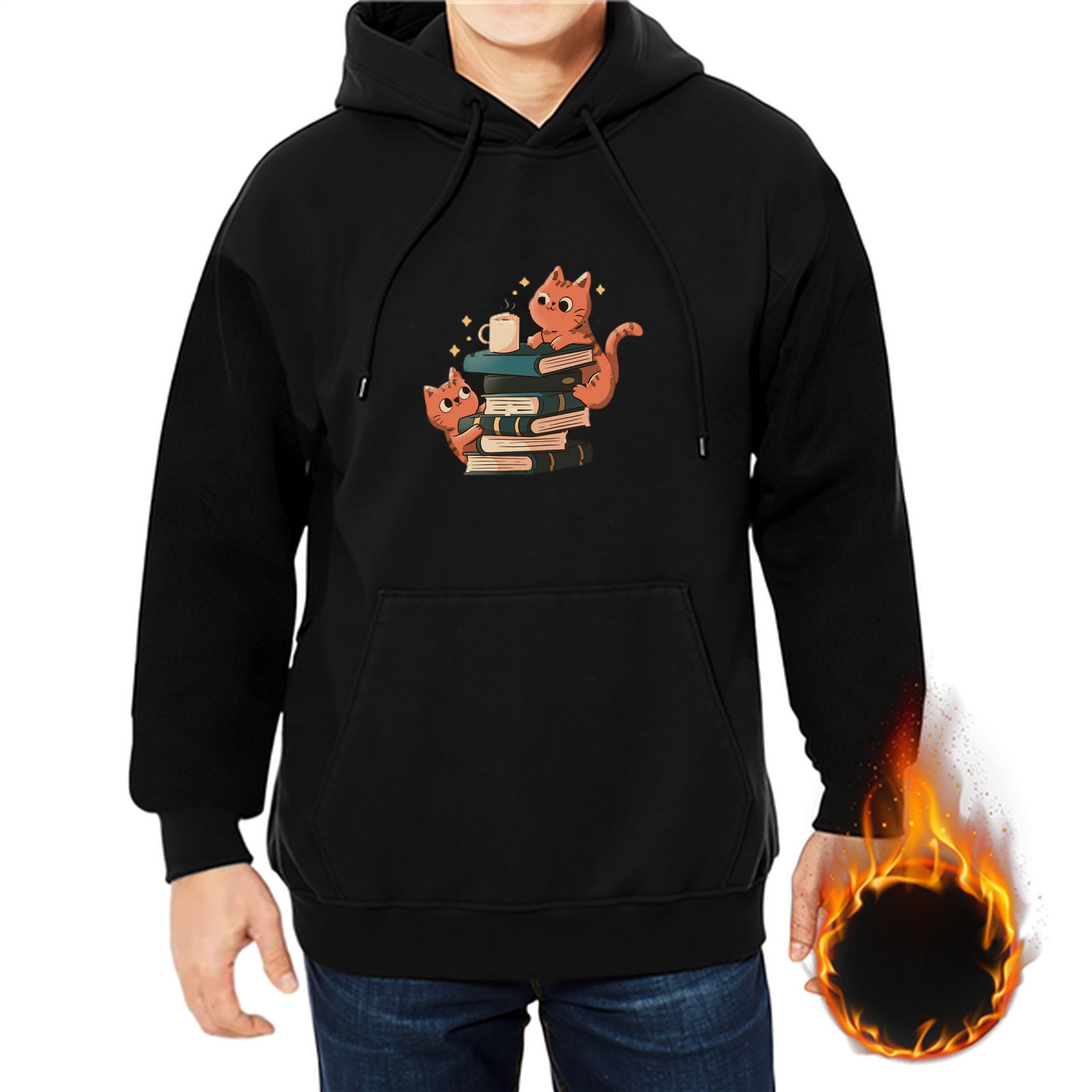 Black hoodie with cute orange cats on stacked books and coffee cup