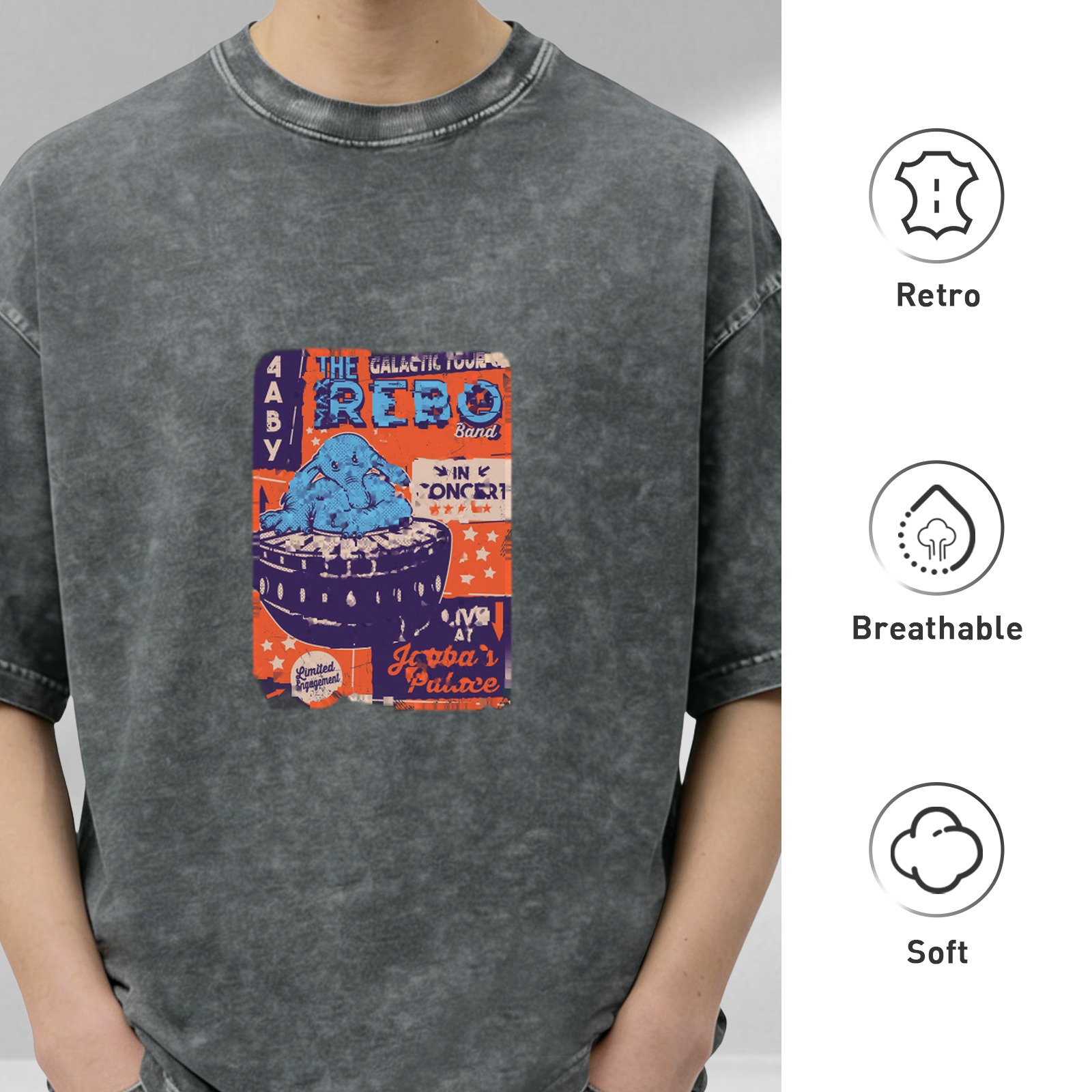 Oversized Acid Wash T-Shirt with The Max Rebo Band Jabba's Palace Concert Print