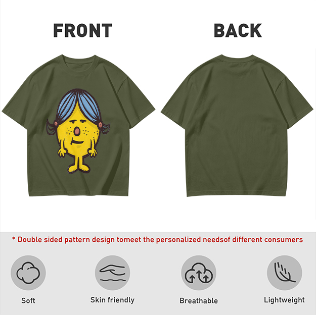 Olive Green T-Shirt With Grumpy Yellow Cartoon Girl Print