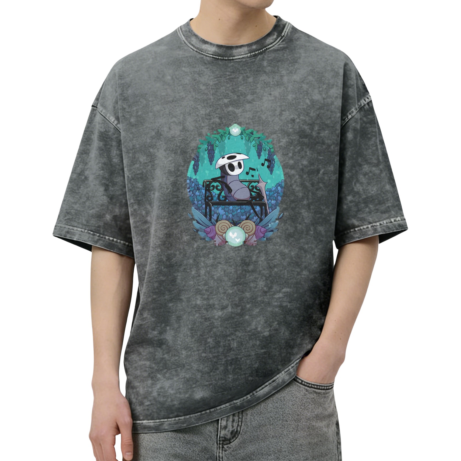 Hollow Knight Quirrel on Bench Graphic Stonewashed Black T-Shirt