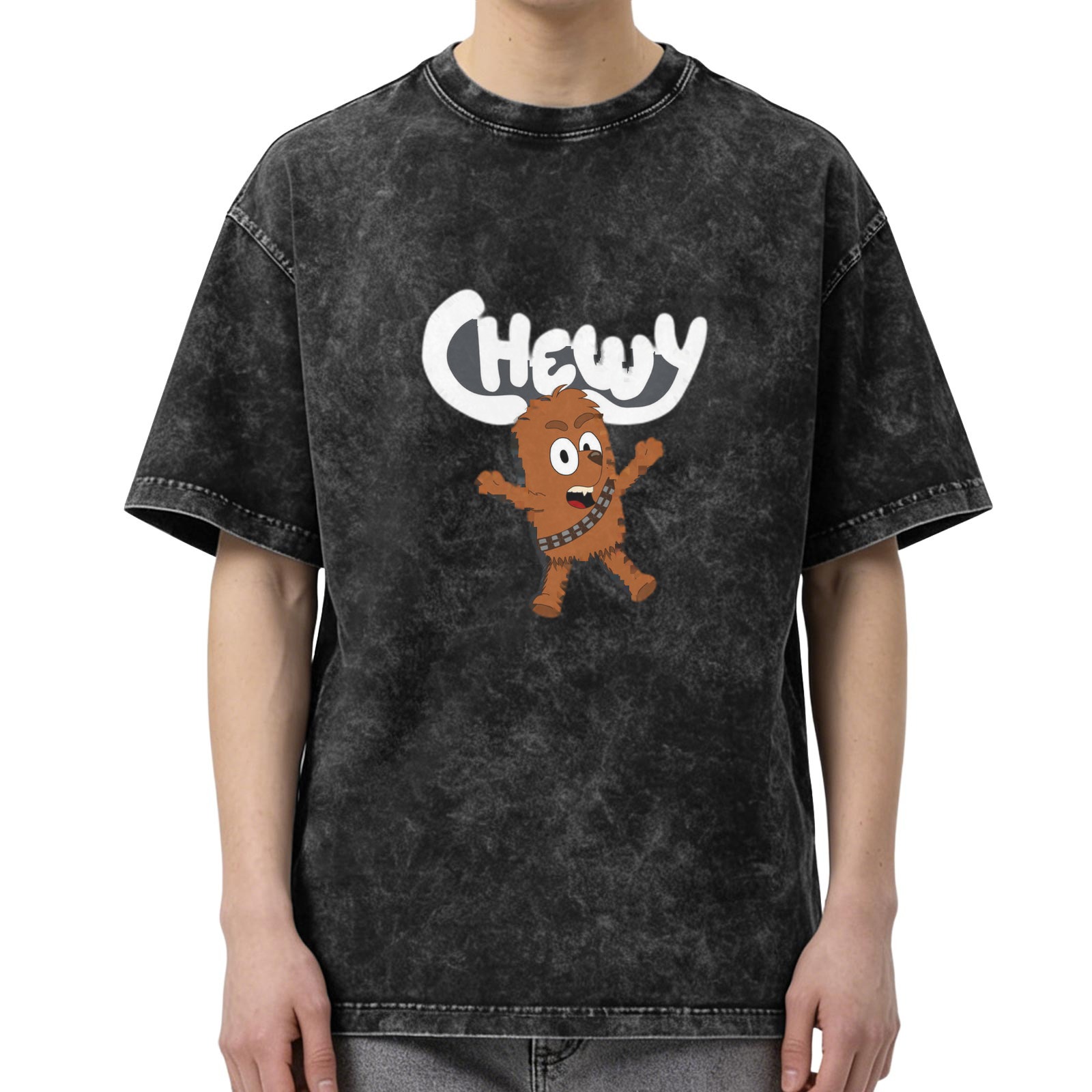 Oversized Vintage Wash T-Shirt with Cartoon Chewbacca 'Chewy' Graphic Print
