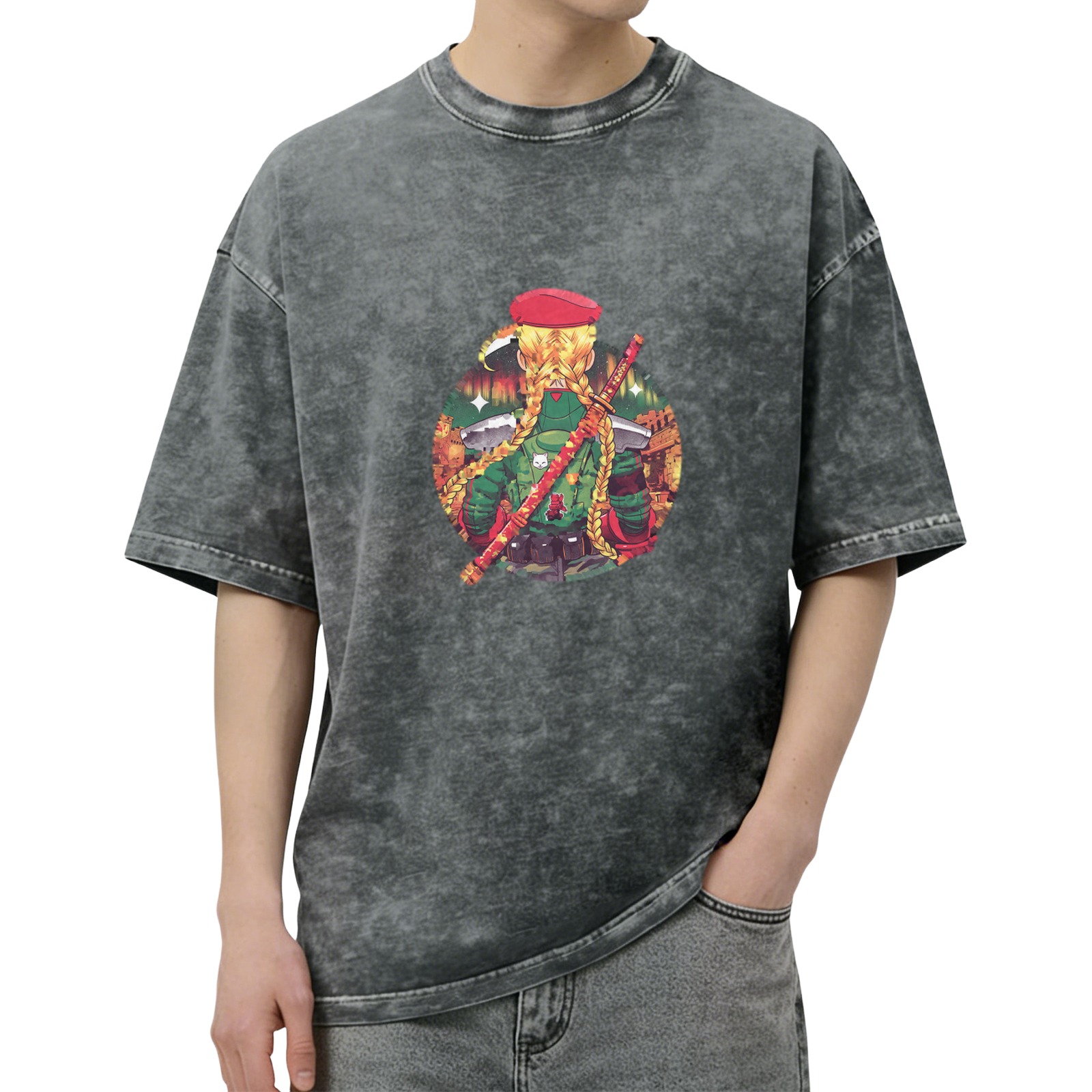 Oversized black washed t-shirt with anime character graphic print