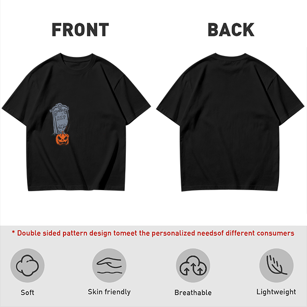 Olive Halloween Graphic T-Shirt with Tombstone and Jack-o'-Lantern