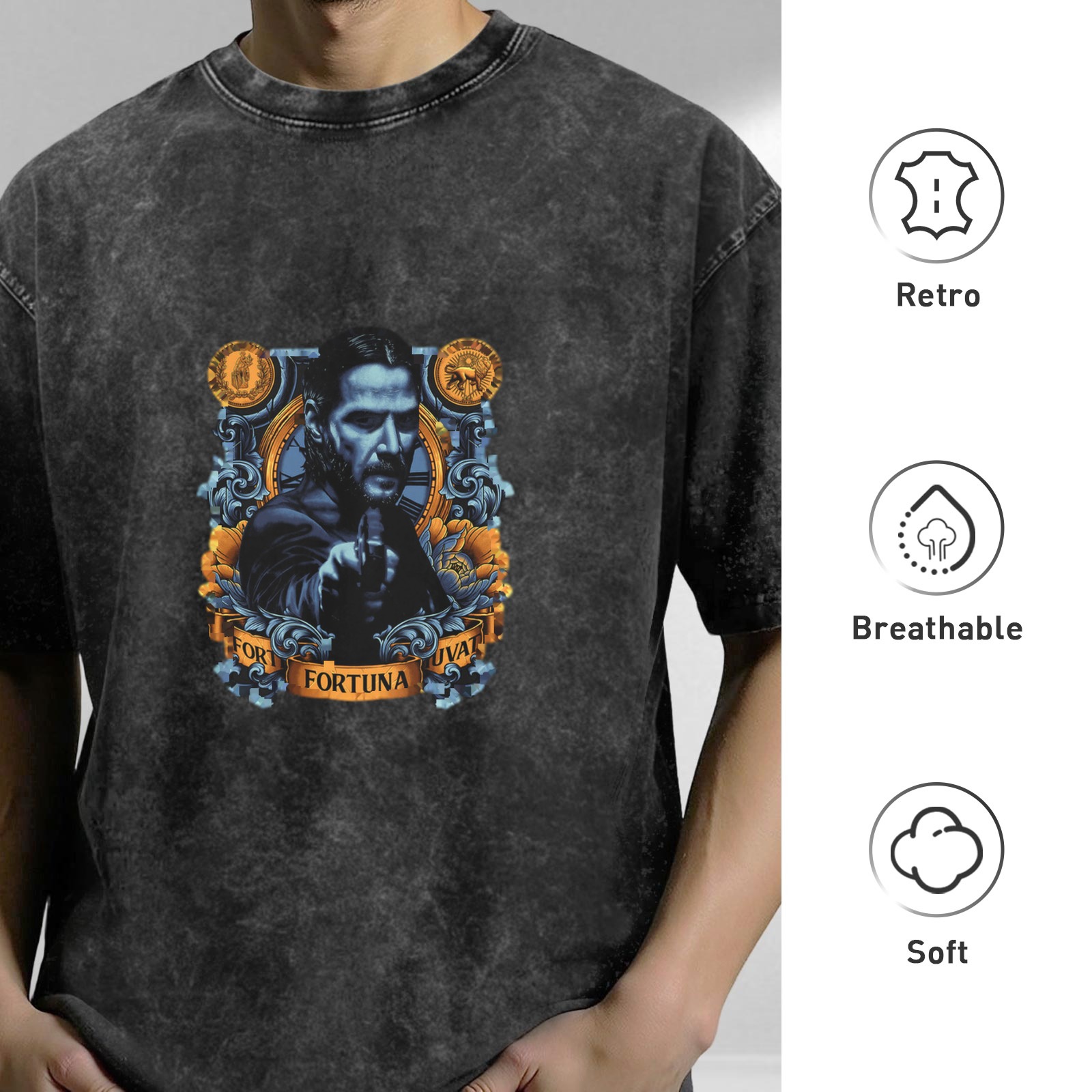Washed Black T-Shirt With Fortuna Themed Portrait Print