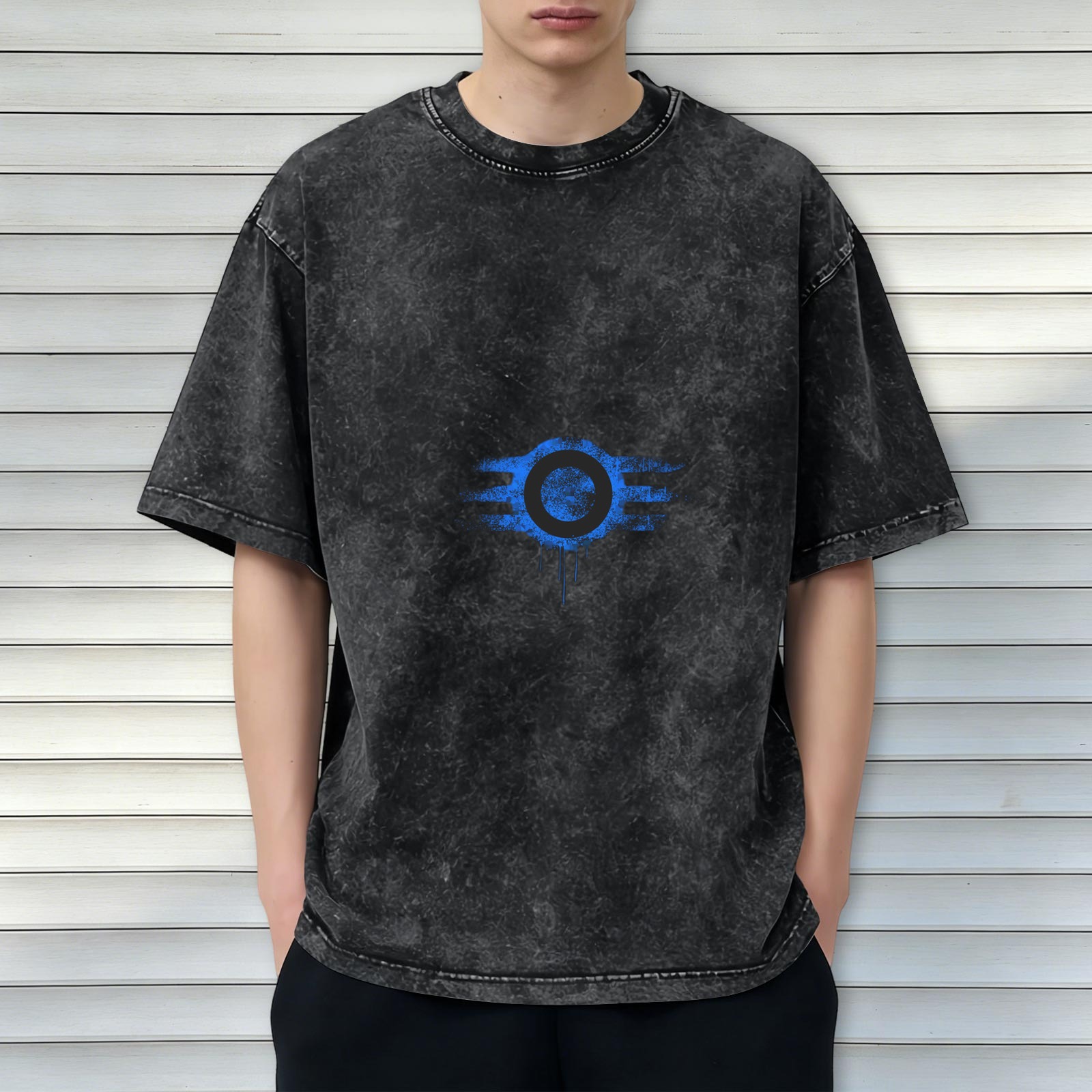 Washed Black Oversized T-Shirt With Blue Distressed Eye Graphic