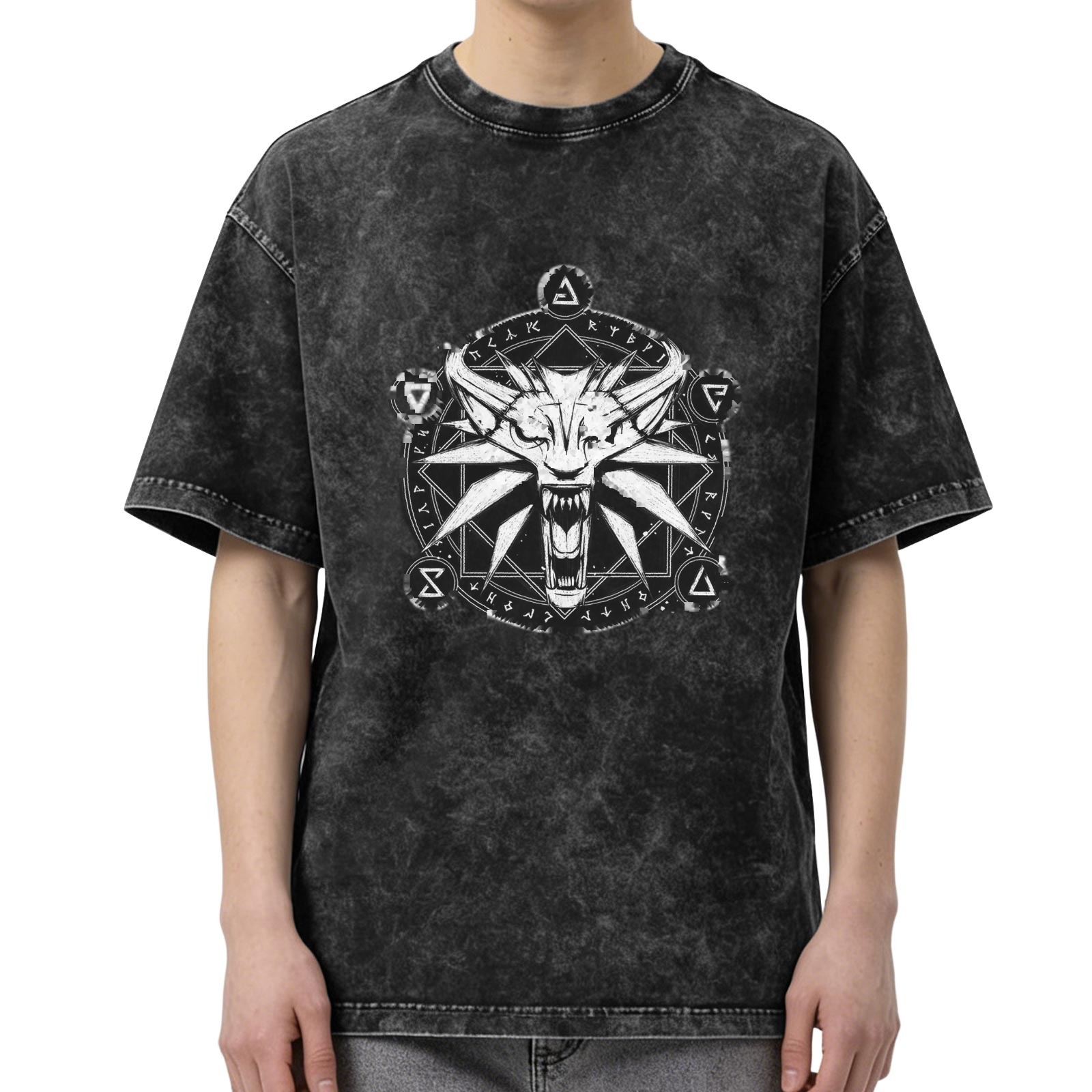 The Witcher Wolf Medallion Acid Wash Oversized T-Shirt