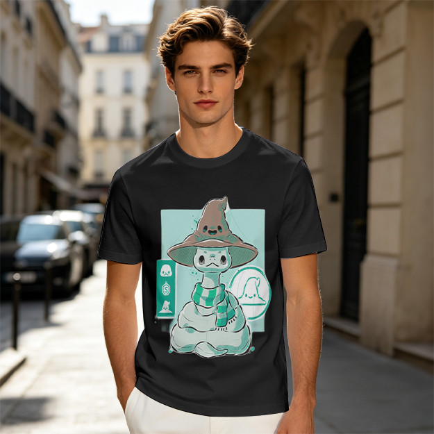 Olive T-Shirt With Cute Wizard Snake Graphic Design