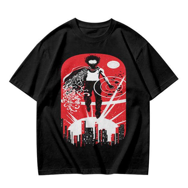 Olive T-Shirt With Anime Superhero Over City Graphic