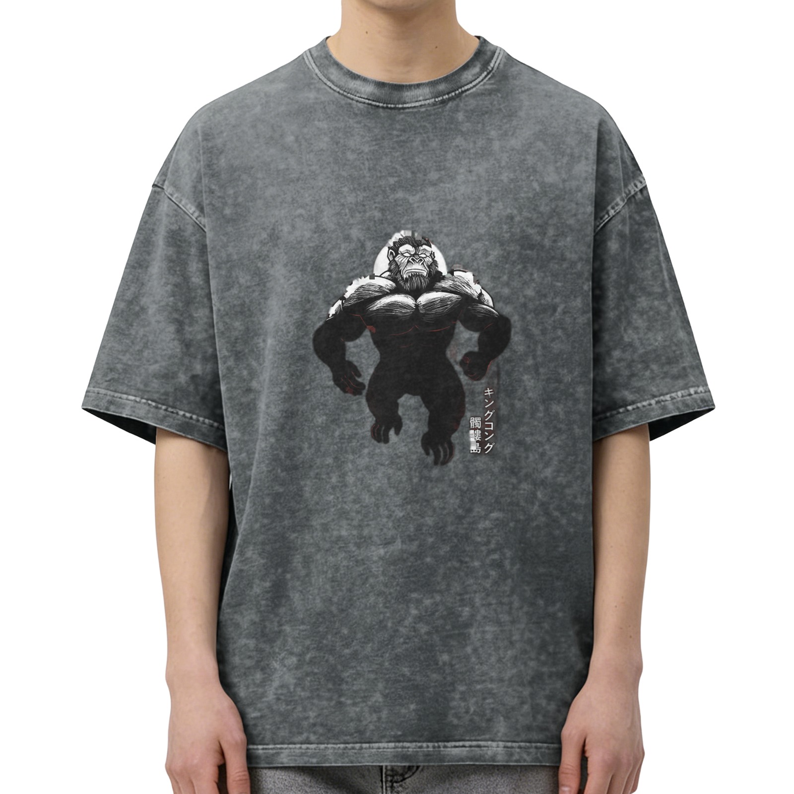 Oversized Stonewashed T-Shirt With Gorilla Japanese Graphic Print