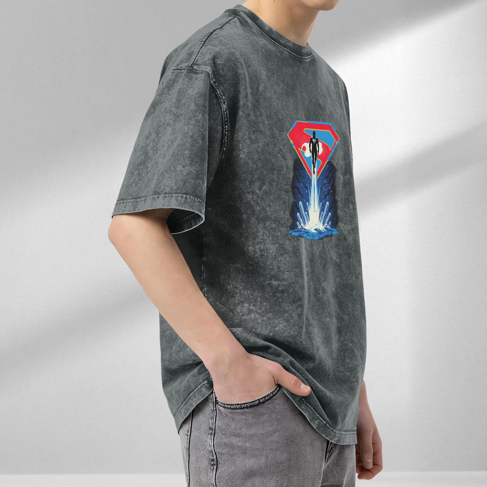 Washed Black T-Shirt with Superman Flying From Water Graphic