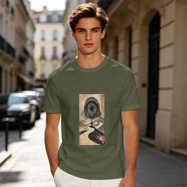 Olive T-Shirt With Surreal Hooded Eye Artwork Print