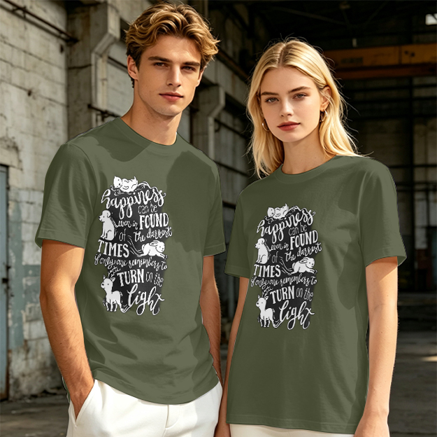 Olive t-shirt with happiness quote and animal illustrations