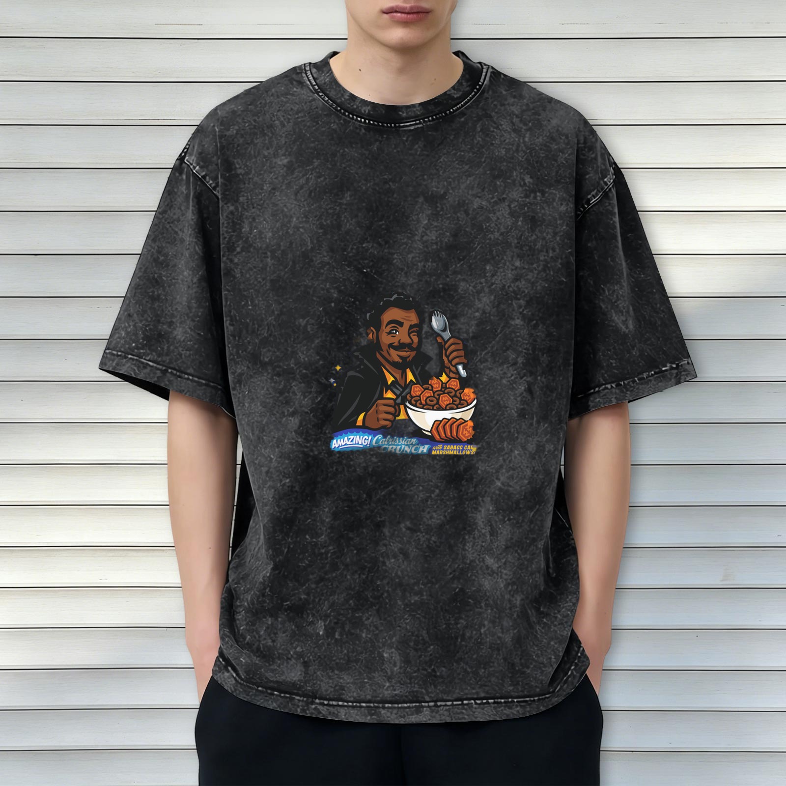 acid wash black t-shirt with calrissian crunch graphic print