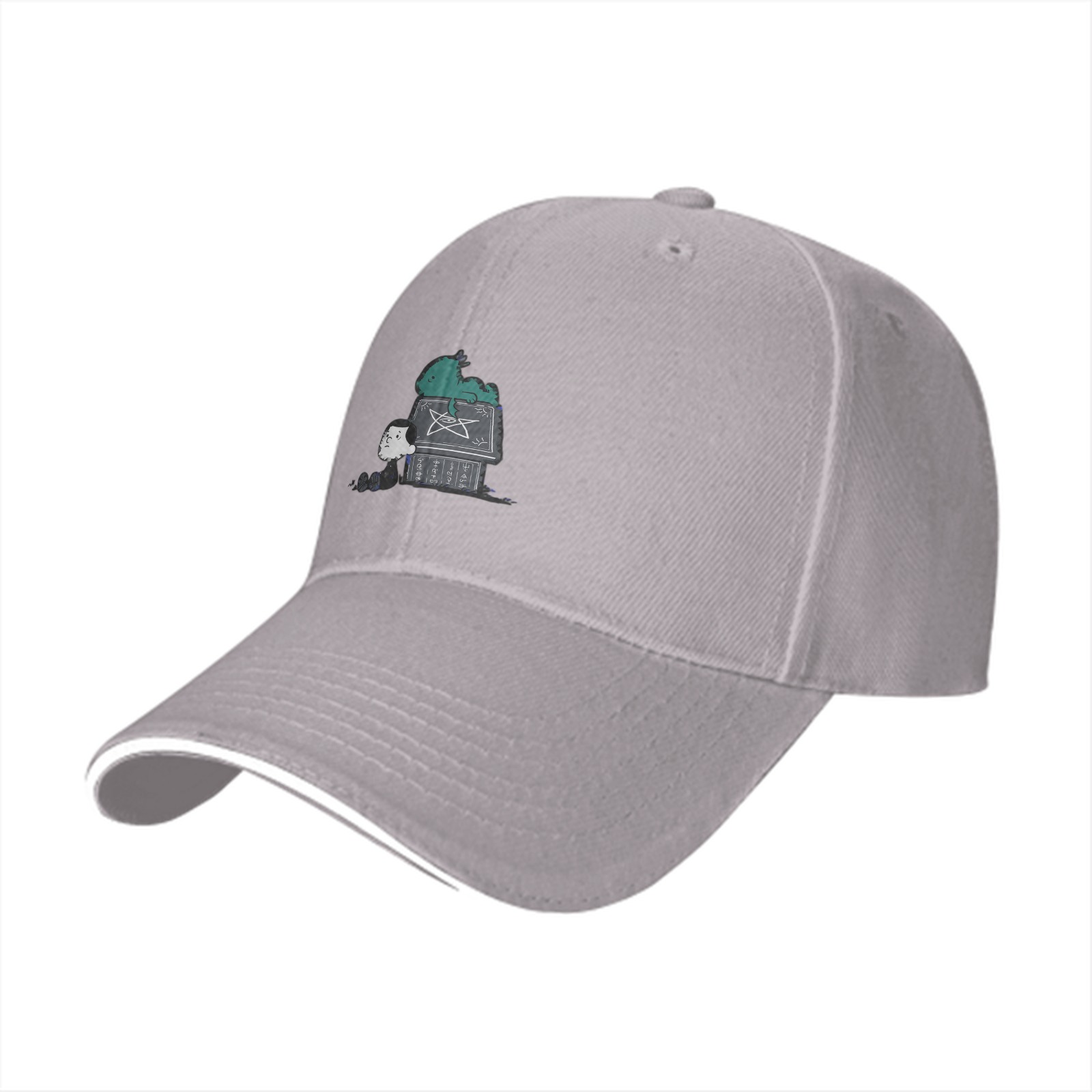 Black baseball cap with a whimsical printed graphic design