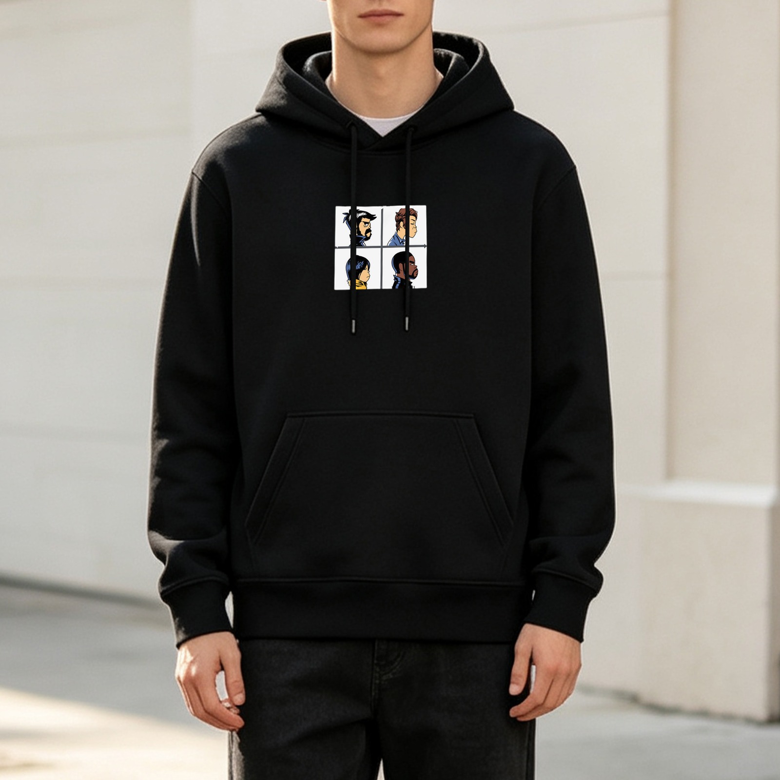 Black Hoodie With Four Character Profile Grid Artwork