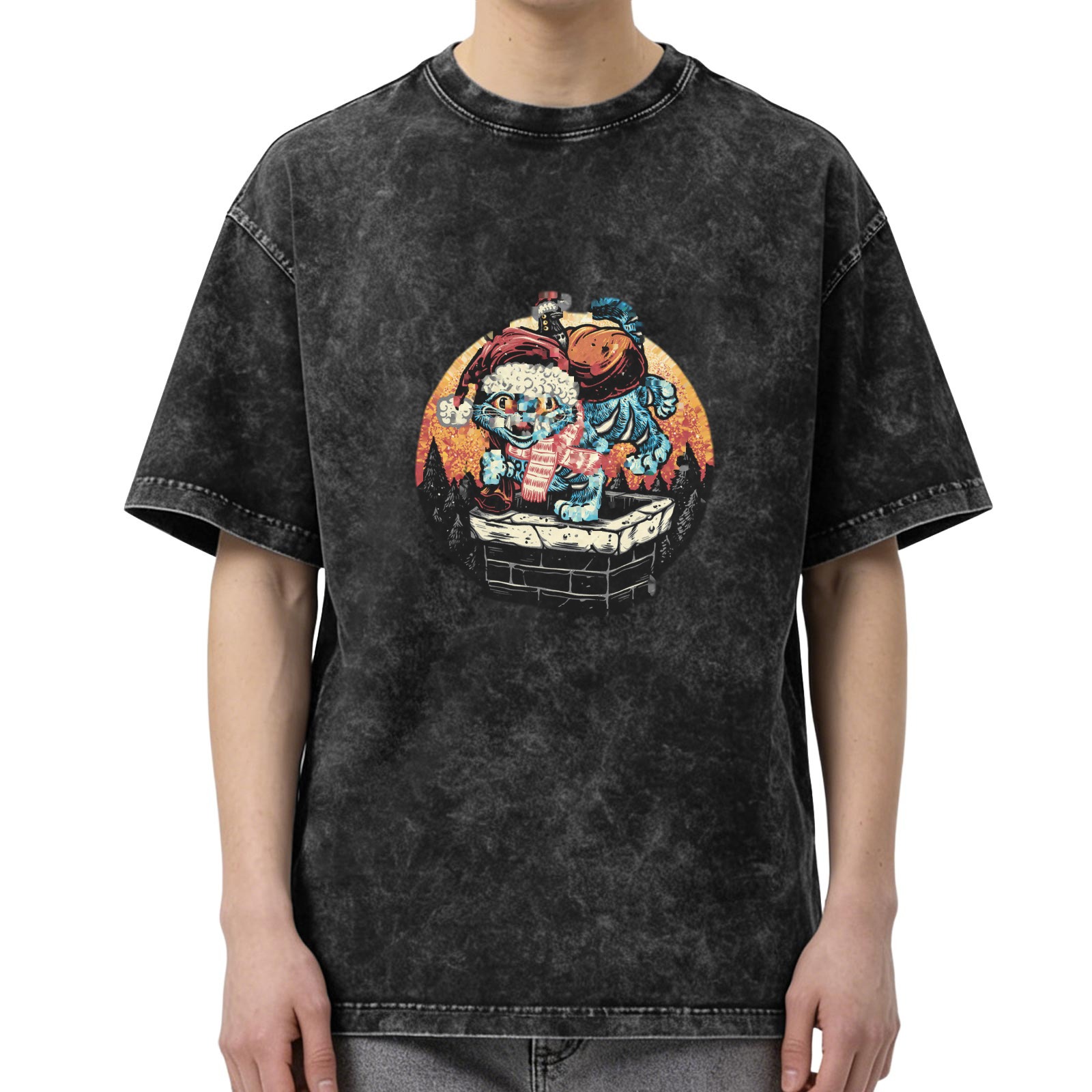 Vintage Christmas Cat Chimney Graphic Acid Wash T-Shirt