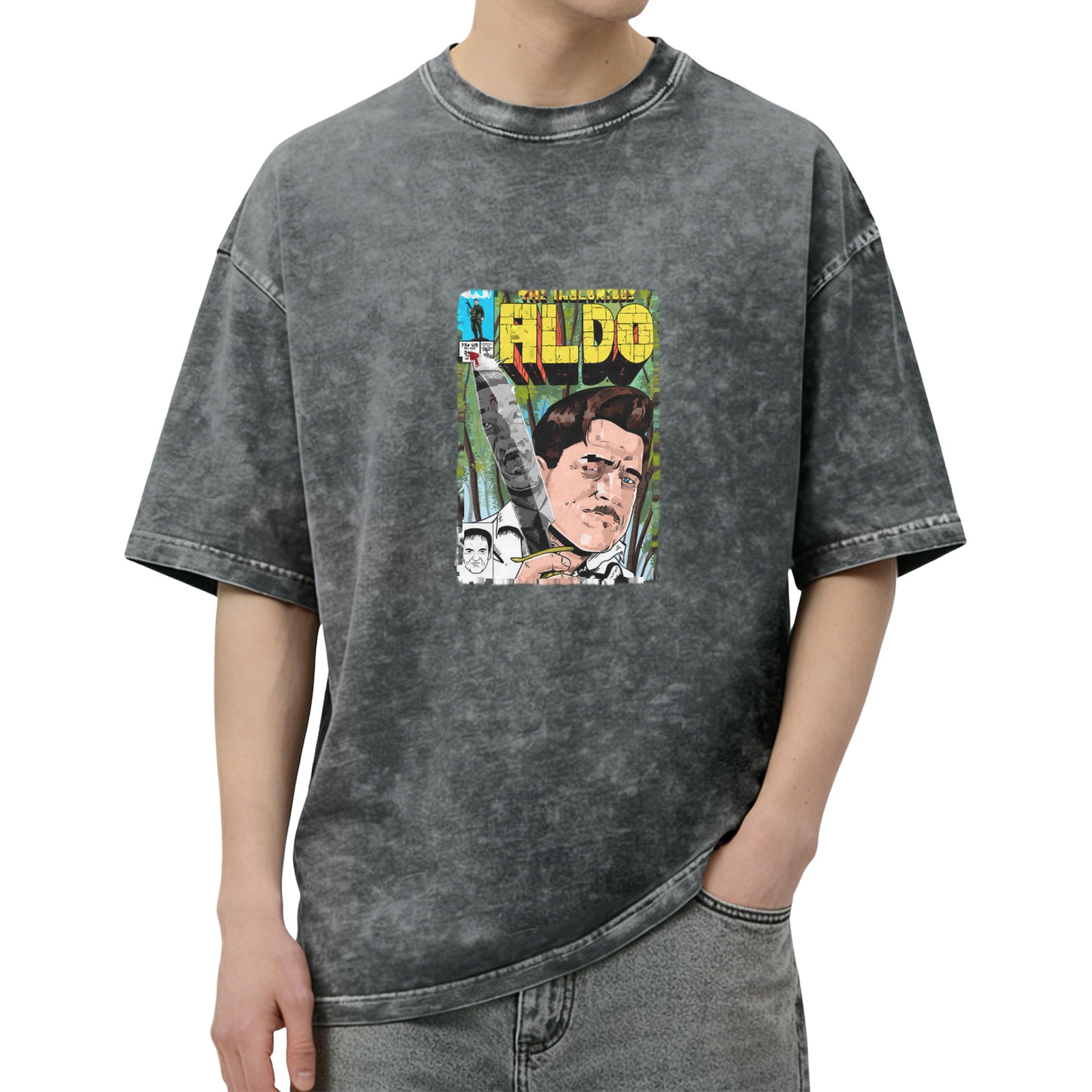 Washed Black T-Shirt with Aldo Comic Book Style Graphic Print