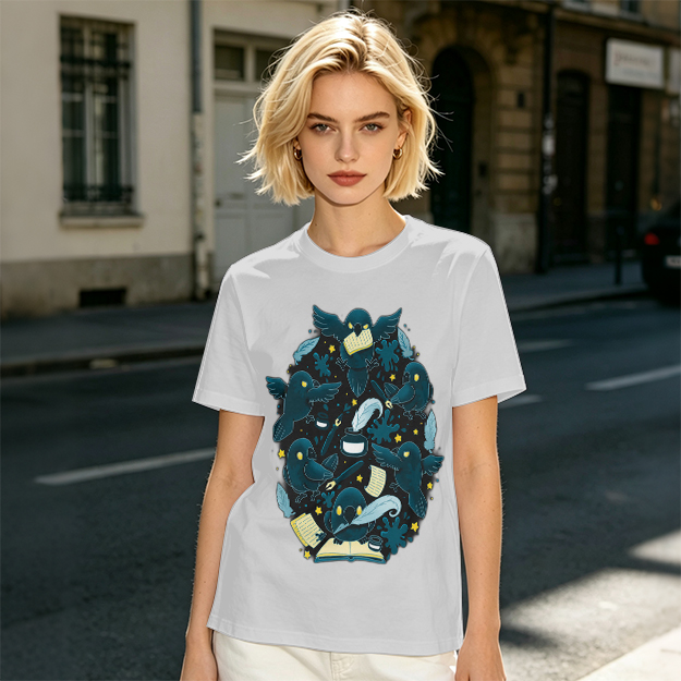 Olive T-Shirt With Whimsical Crow And Stationery Print