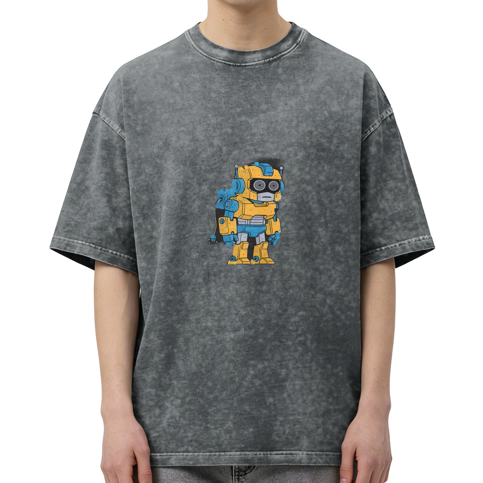 Oversized Acid Wash T-Shirt With Cute Yellow Robot Graphic