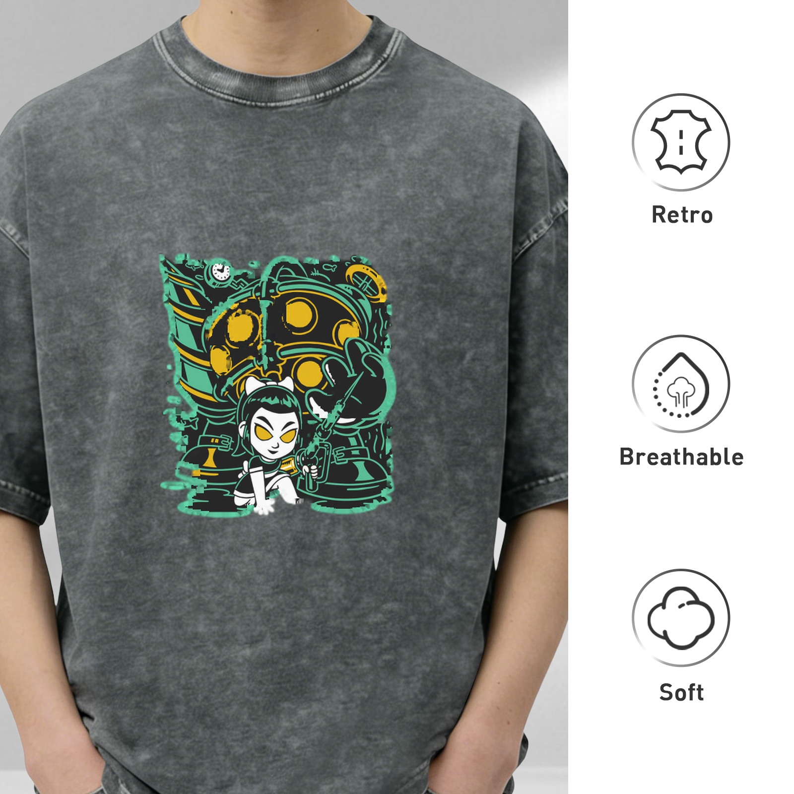 Washed Black Oversized T-Shirt With Cartoon Underwater Character Print