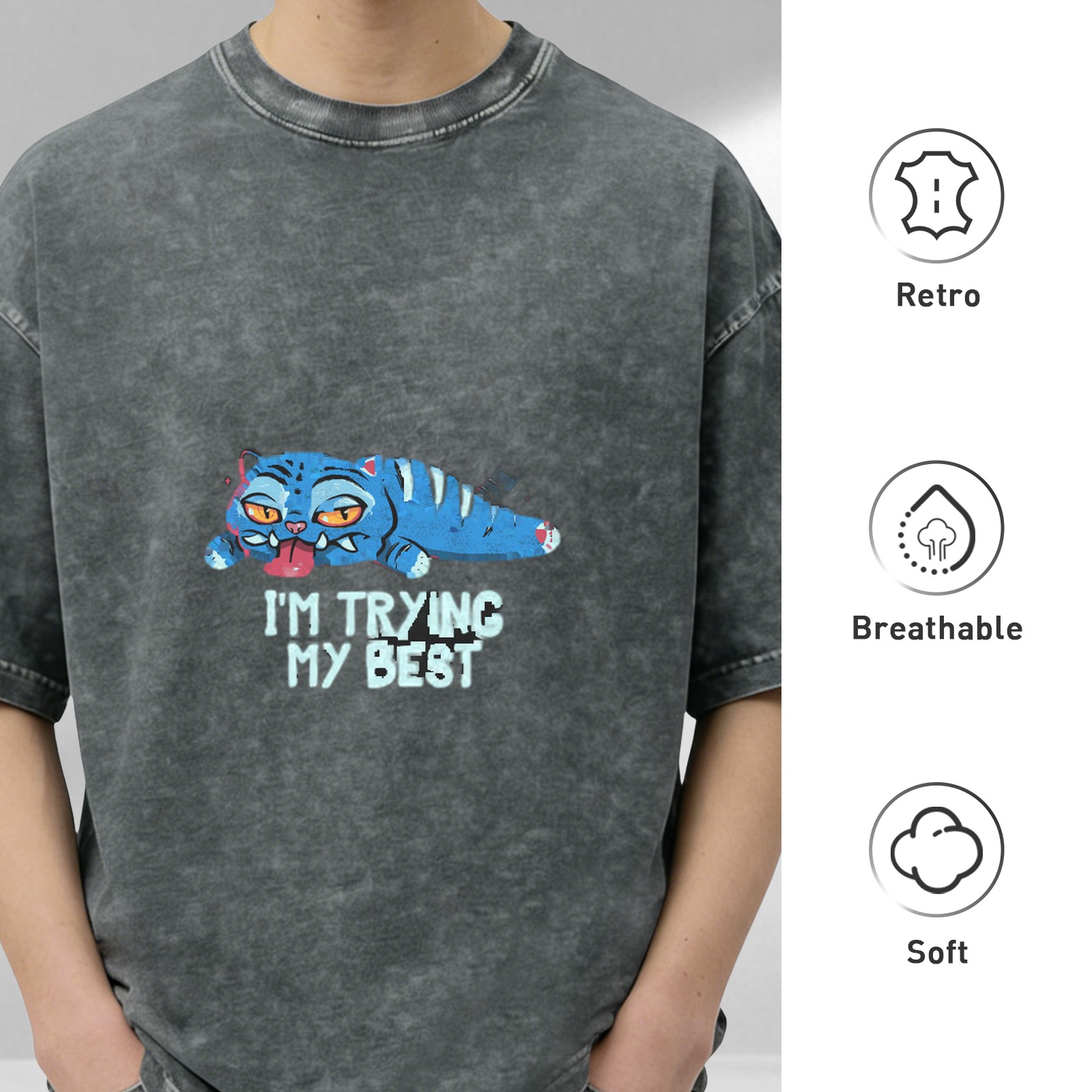 Oversized Acid Wash T-Shirt With Lazy Blue Cat 'I'm Trying My Best' Print