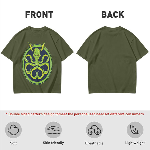 Olive Green T-Shirt with Octopus Demon Graphic Print
