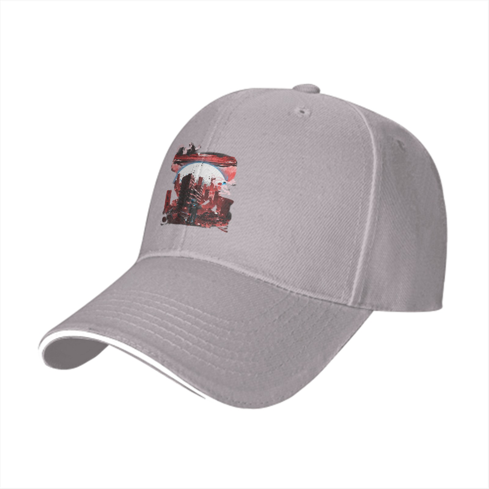 Black Baseball Cap with Abstract Red Cityscape Print