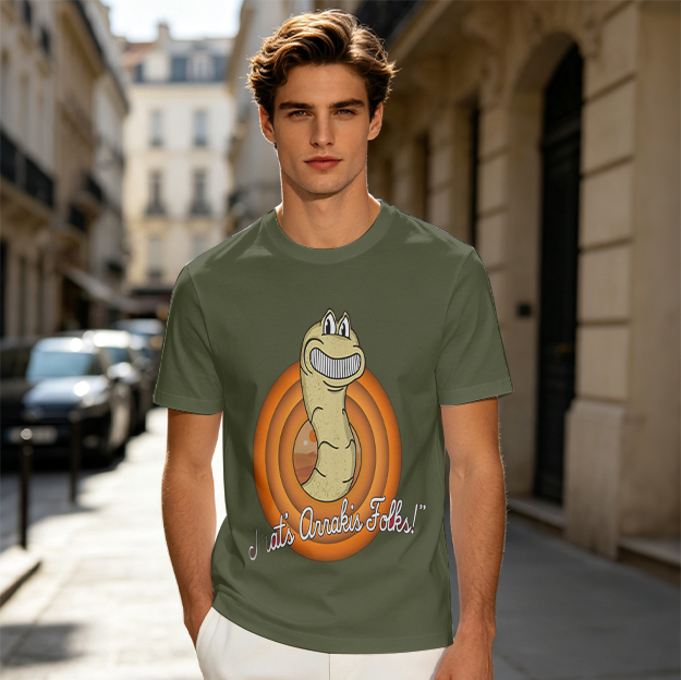 Olive green t-shirt with sandworm graphic and 'It's Arrakis Folks!' text