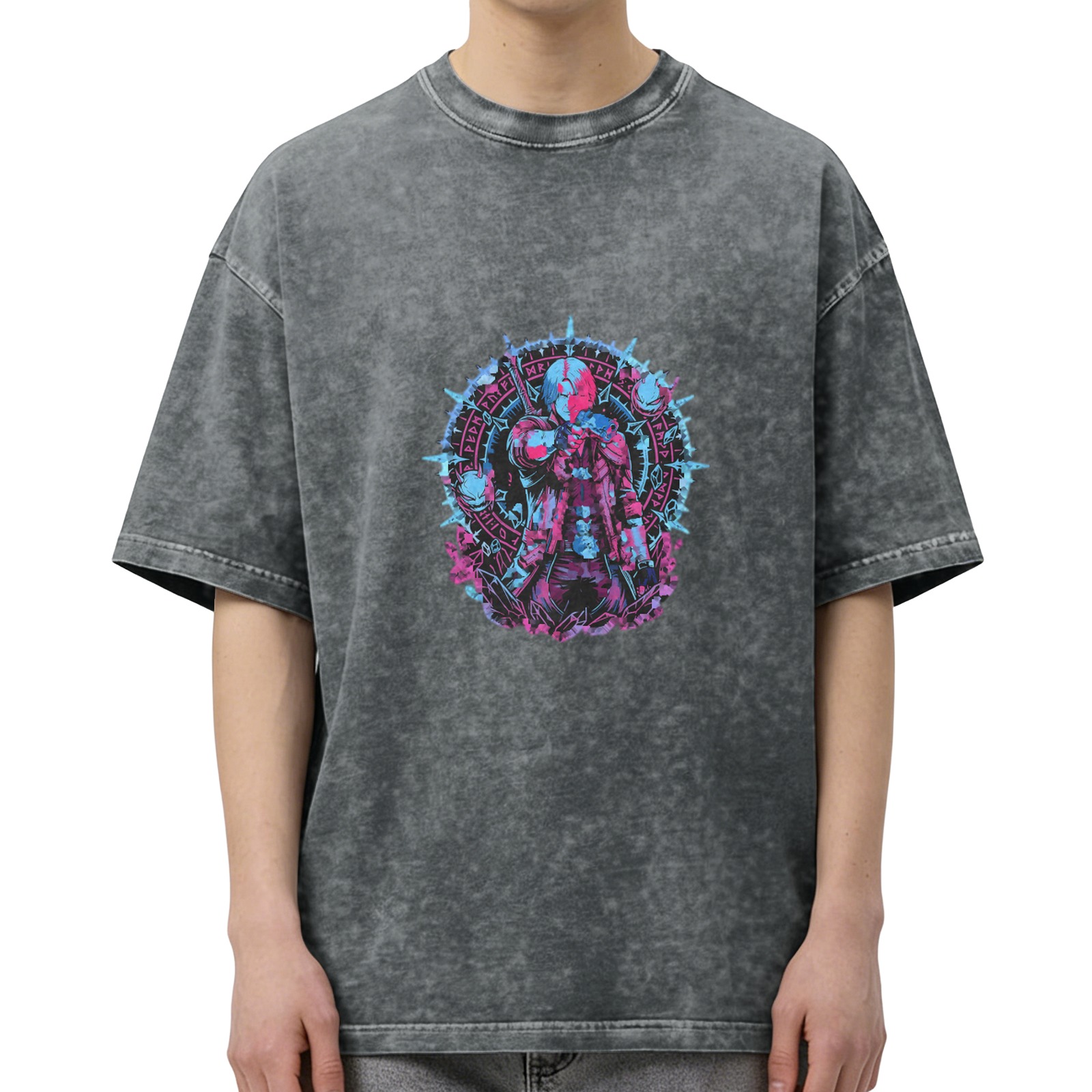 Washed Black Graphic T-Shirt with Neon Fantasy Character Print