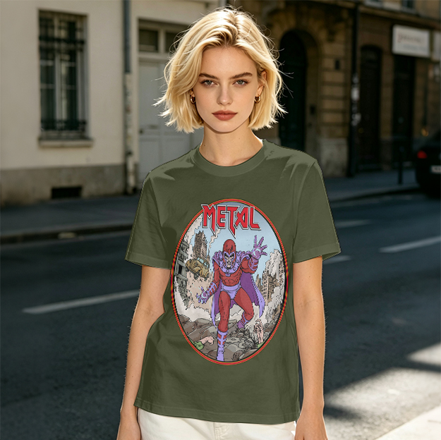 Olive T-shirt with Magneto Metal Comic Art Print