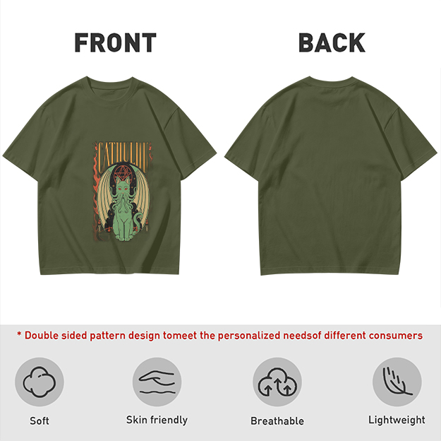 Olive T-shirt with Cthulhu Cat Graphic Print