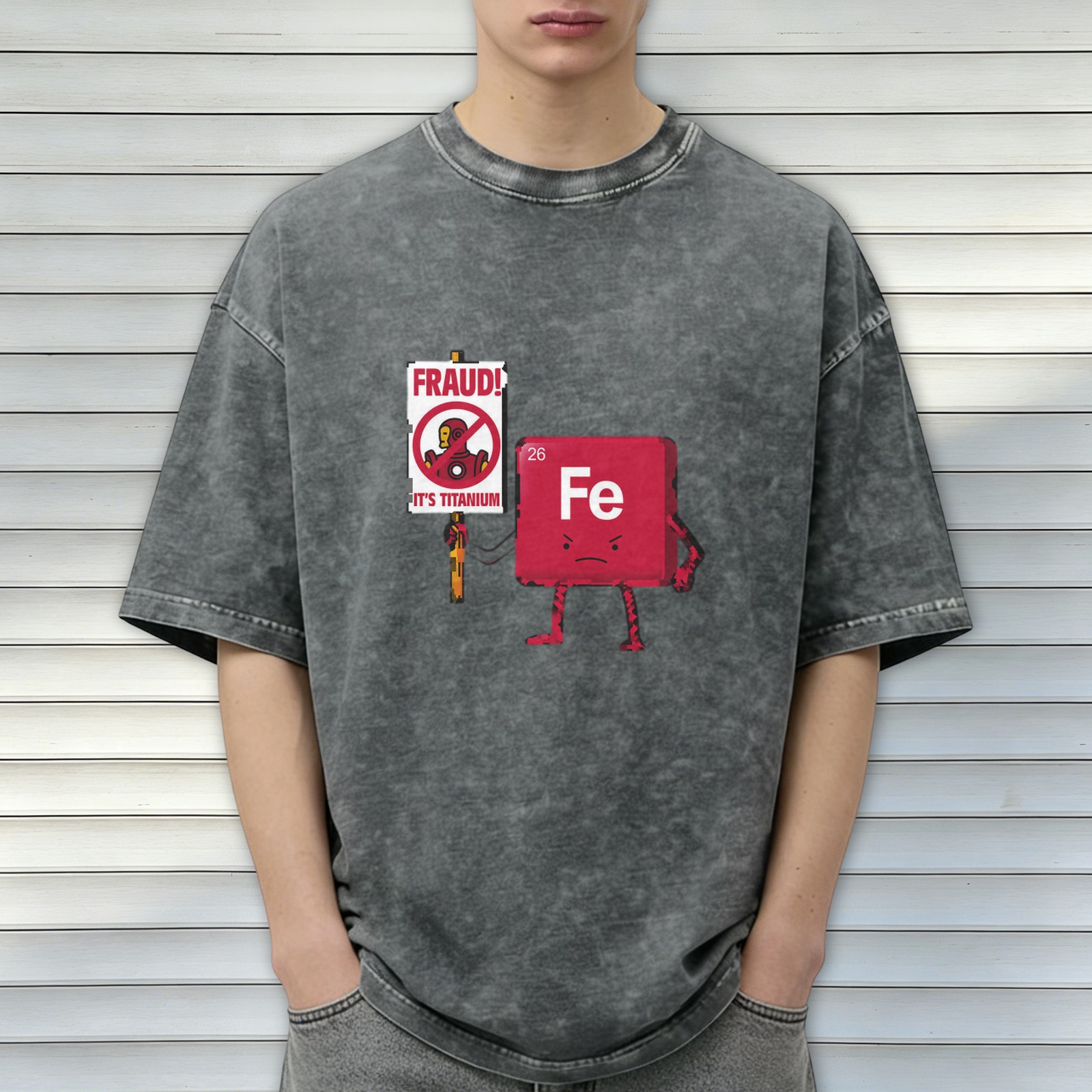 Oversized Acid Wash T-Shirt with Funny Iron Man Titanium vs Iron Element Graphic