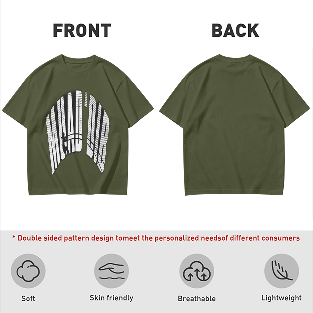 Olive green graphic t-shirt with arched distressed text print