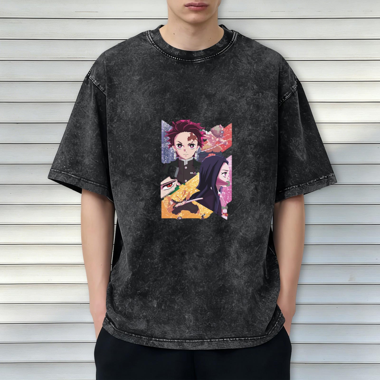 Anime Demon Slayer Tanjiro Nezuko Zenitsu Graphic Oversized Acid Wash T-Shirt for Men