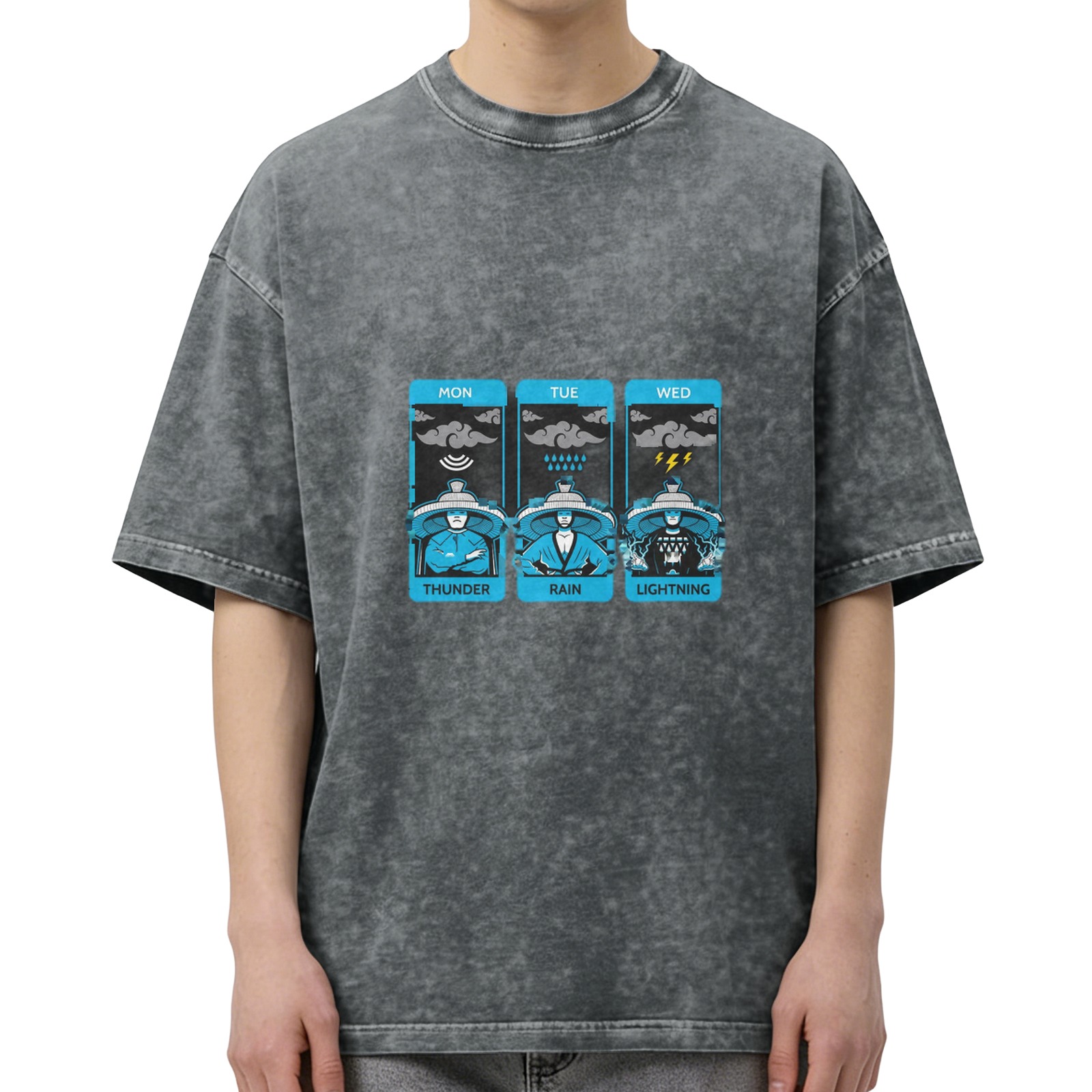 Distressed washed black loose short-sleeved T-shirt Monday to Wednesday weather-themed fun printed top