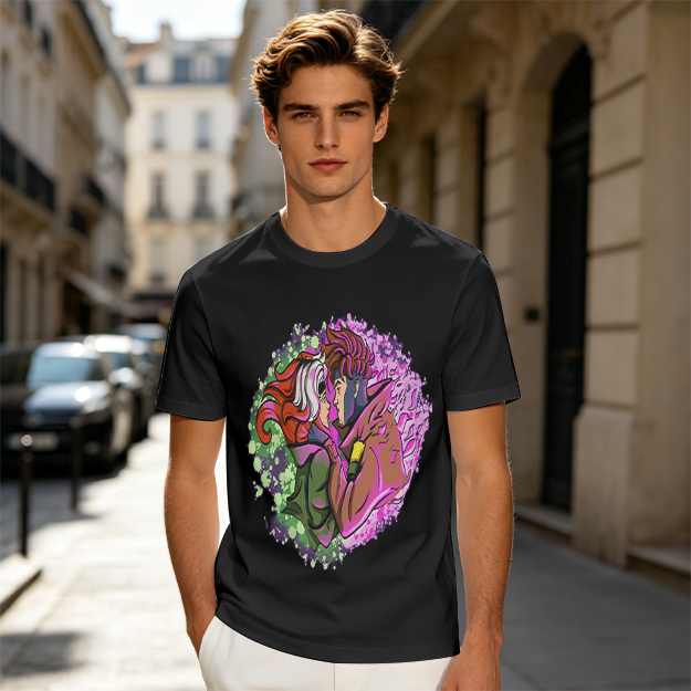 Olive T-Shirt with Gambit and Rogue Superhero Art Print
