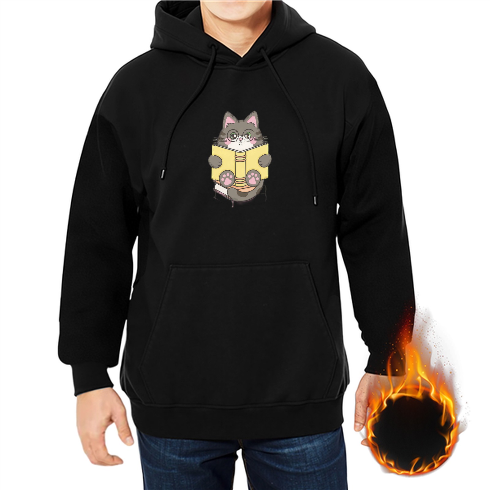 Black hoodie with cute cat reading a book graphic