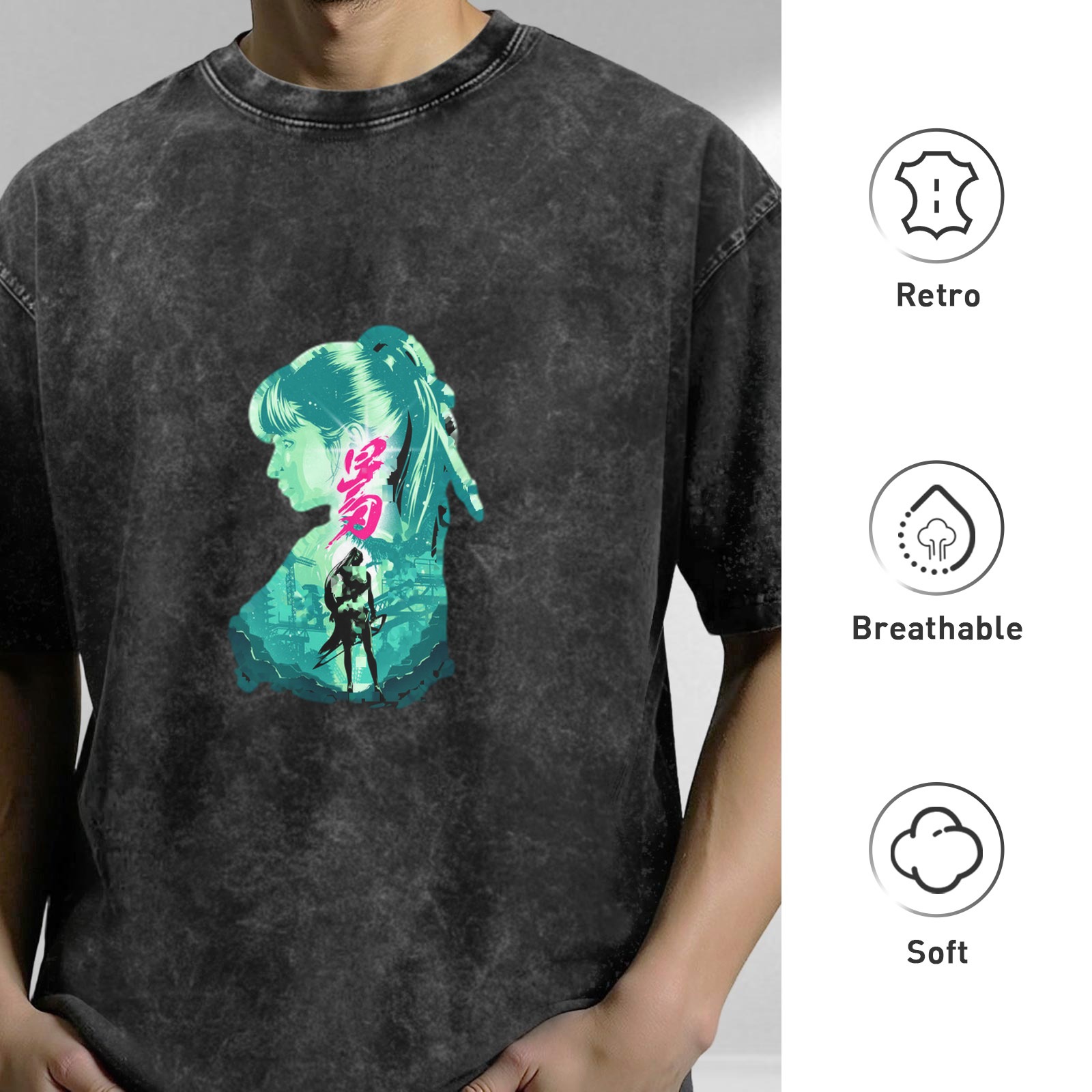 Washed Black Graphic T-Shirt with Neon Anime Girl Silhouette Print