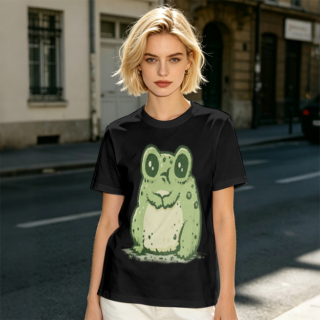 Olive Green T-Shirt With Cute Cartoon Frog Graphic Print