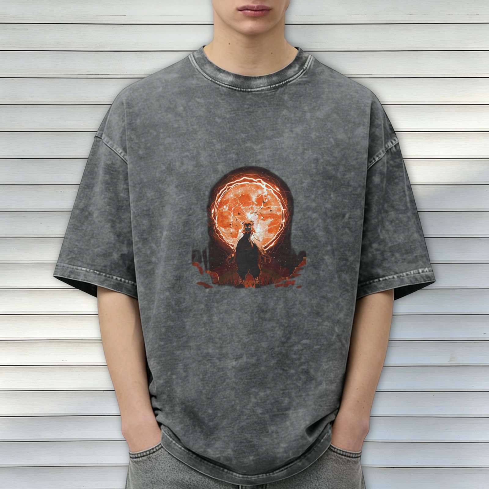 Washed Black Oversized T-Shirt With Anime Character Under Glowing Red Moon Graphic